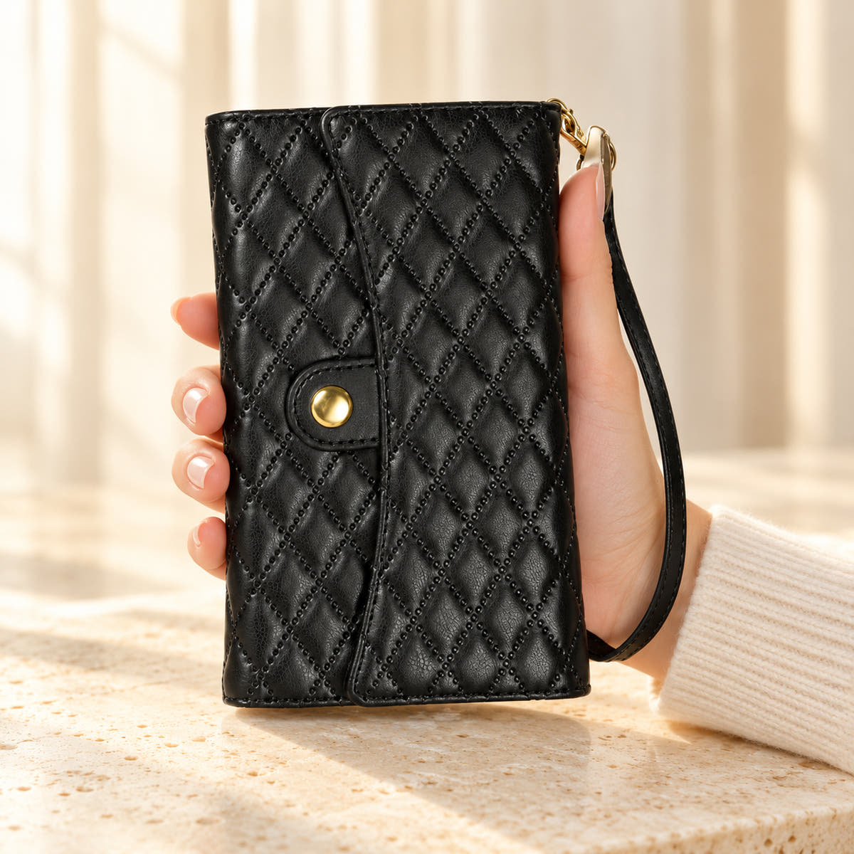 Quilted Zip Wallet iPhone case in Black held in a cream-sleeved hand, showing its diamond-quilted flap, gold-tone snap and matching wrist strap.