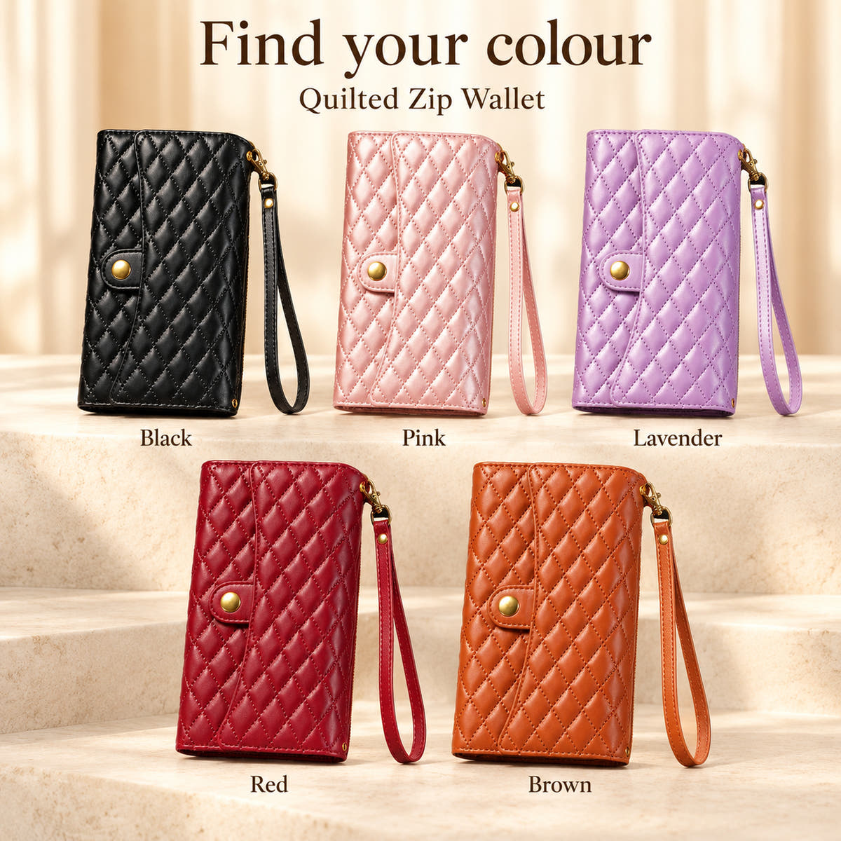 Quilted Zip Wallet iPhone case colour guide comparing Black, Pink, Lavender, Red and Brown with matching wrist straps.