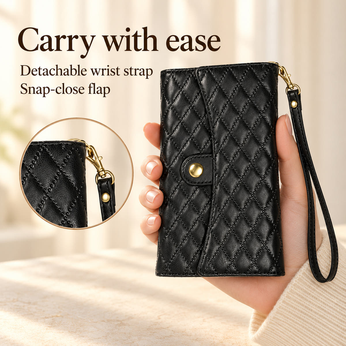 Quilted Zip Wallet carry information image showing the Black case, detachable wrist loop, gold-tone clip and snap-close flap.