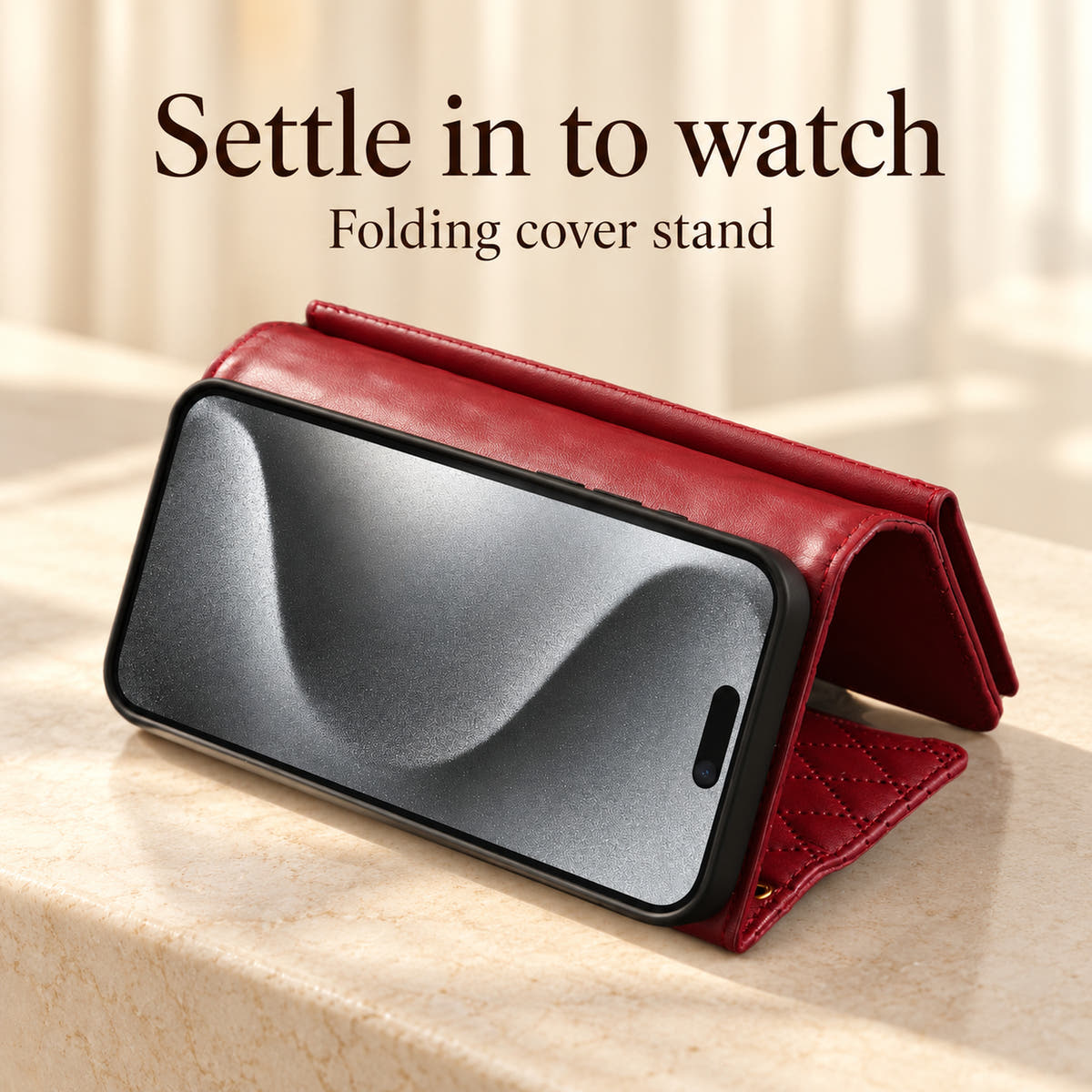 Quilted Zip Wallet stand information image showing the Red cover folded to support the phone in landscape orientation.