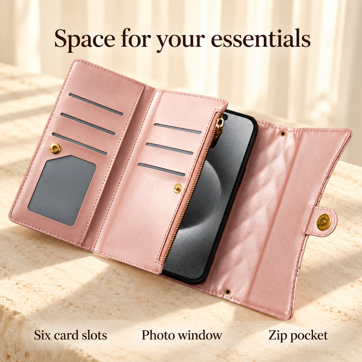 Quilted Zip Wallet storage information image showing the Pink case with six card slots, a photo window and vertical zip pocket.