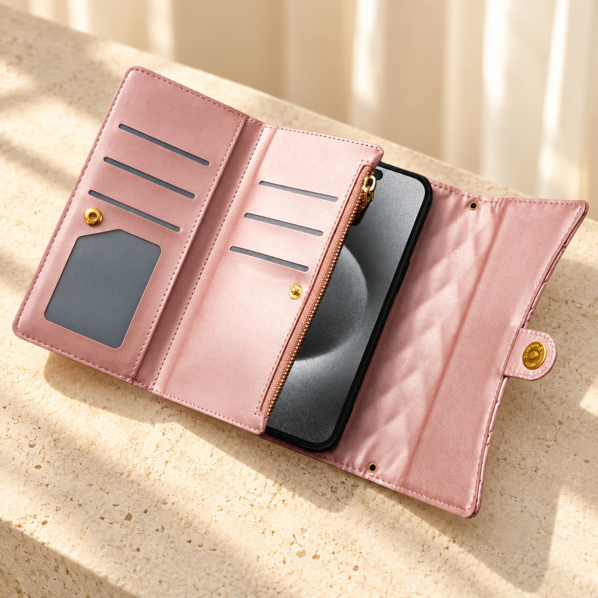 Open Pink Quilted Zip Wallet iPhone case showing six card slots, the photo window, vertical zip pocket and plain snap-close flap.