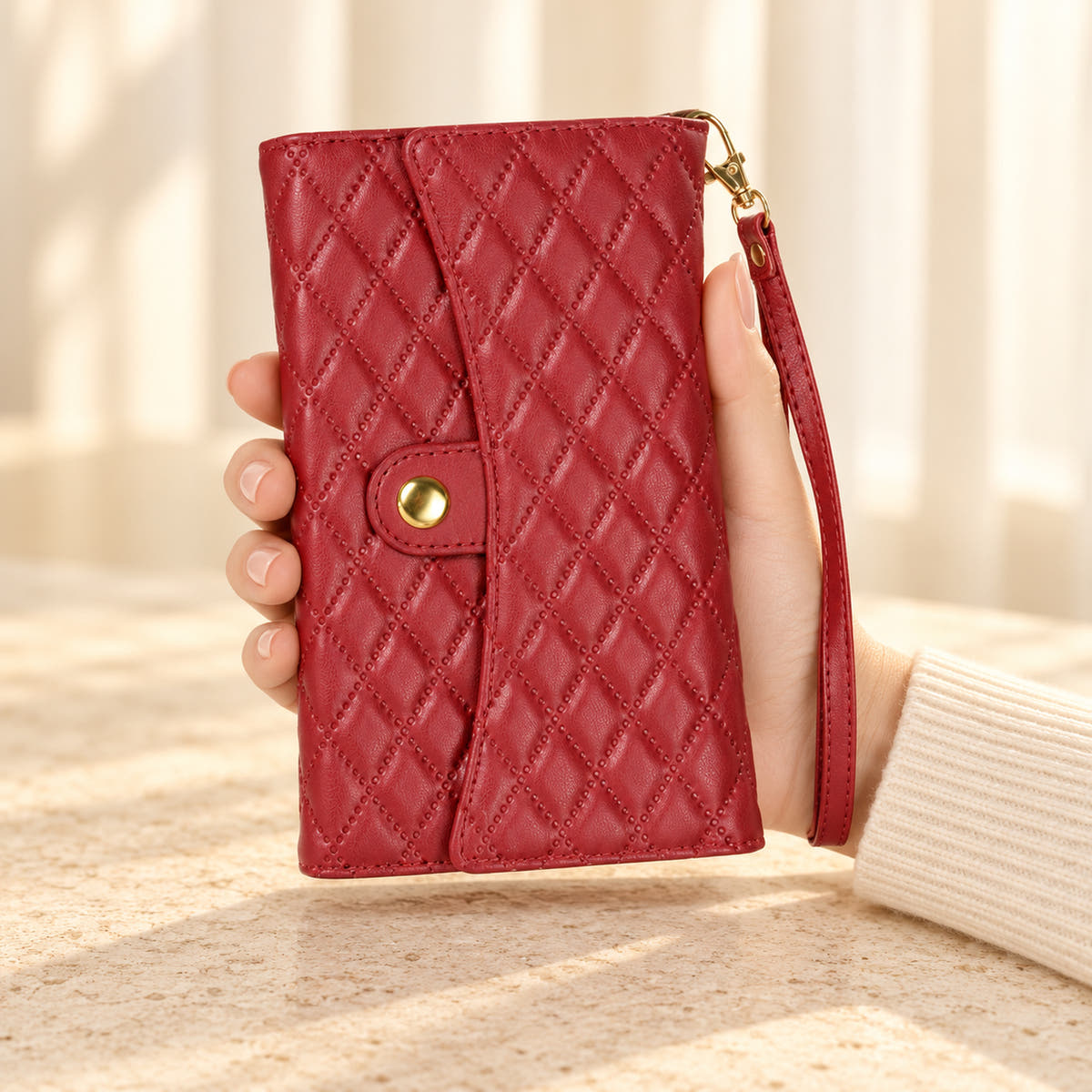Quilted Zip Wallet iPhone case in Red held in a cream-sleeved hand, showing its diamond-quilted flap, gold-tone snap and matching wrist strap.