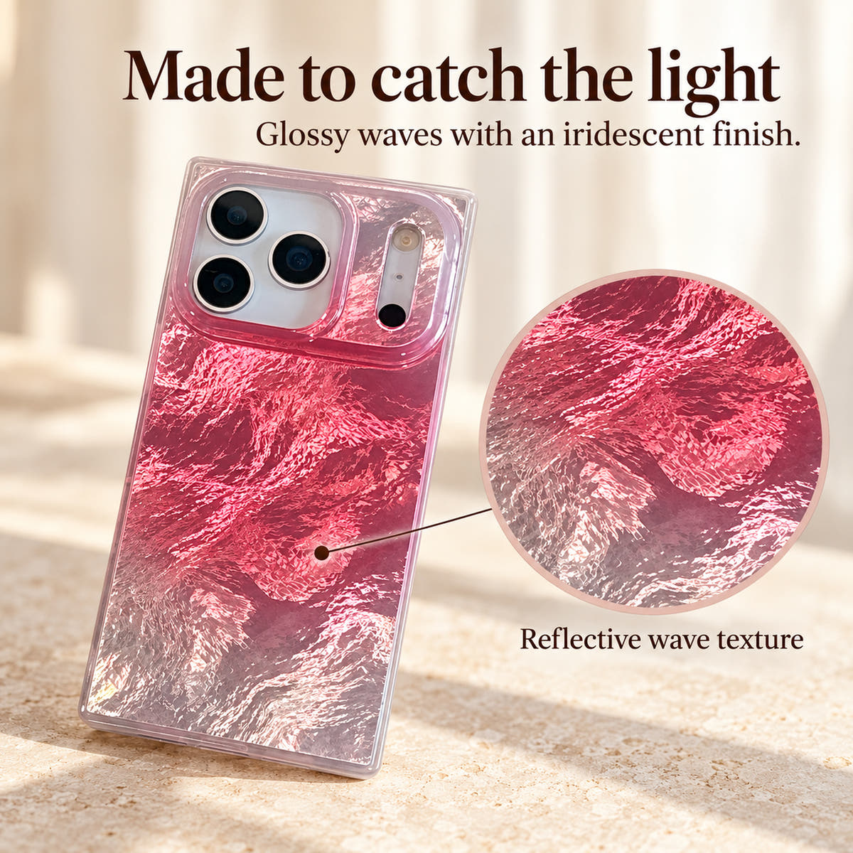 Radiant Wave glossy finish detail showing the rippled pink and silver pattern