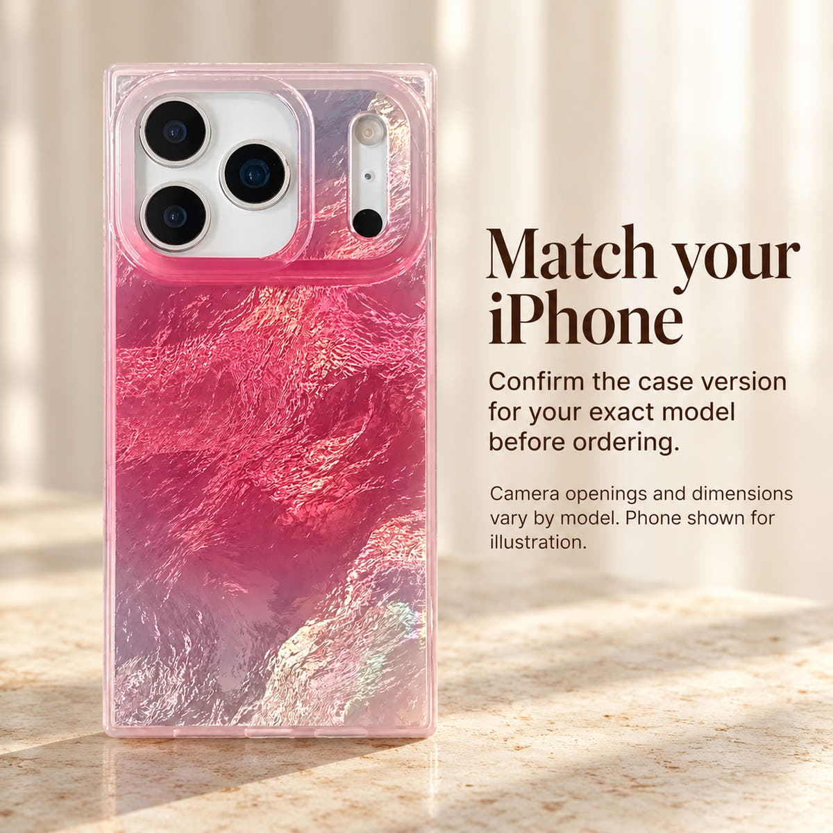 Radiant Wave fit guide advising customers to confirm their exact iPhone model