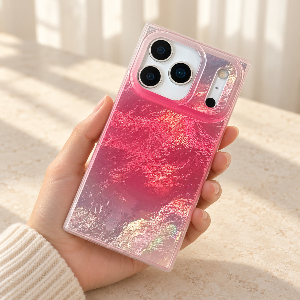 Radiant Wave iPhone case supported in one hand to show its shape and proportions