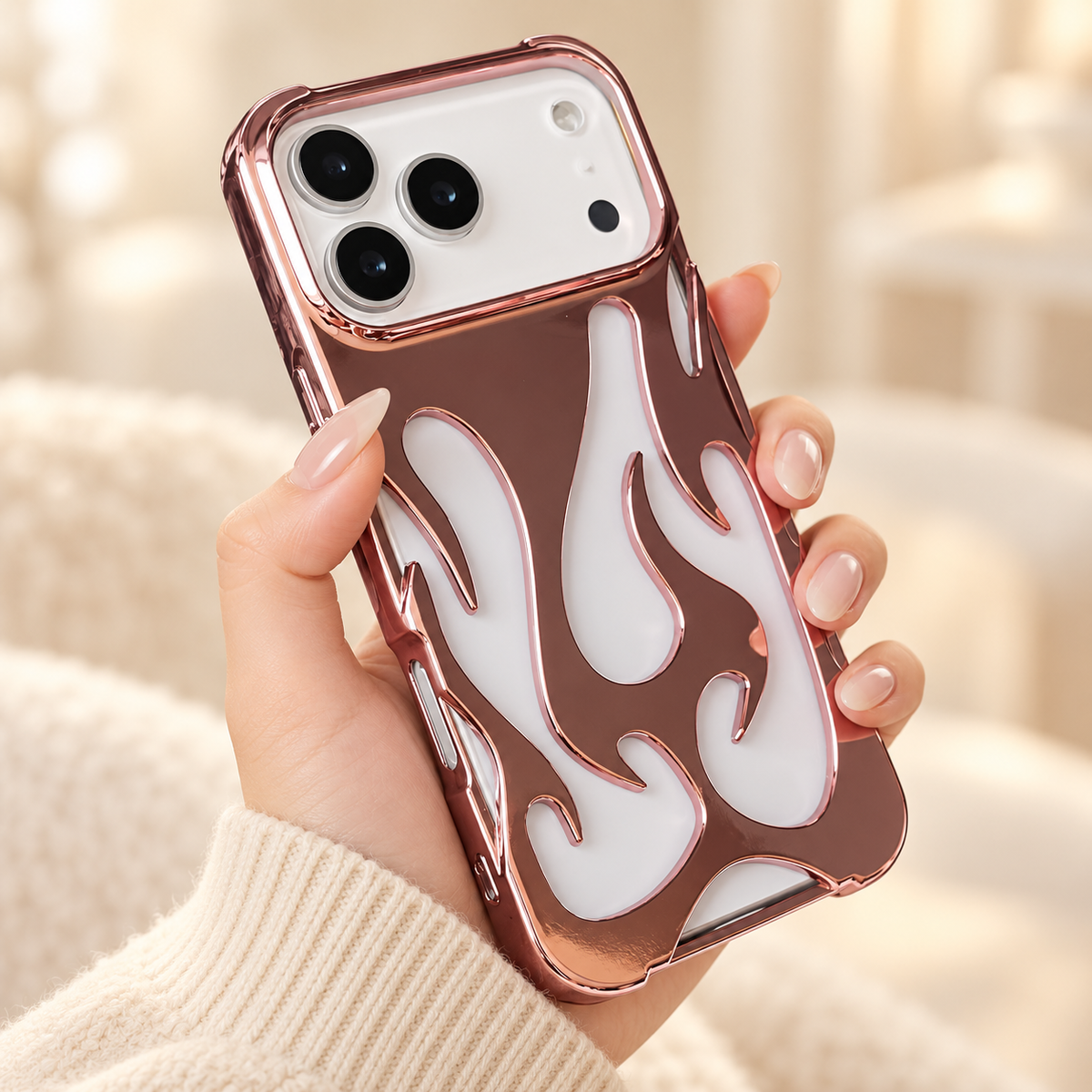 Flame Contrast iPhone Case in Metallic and Black Finishes — Rose Gold, handheld