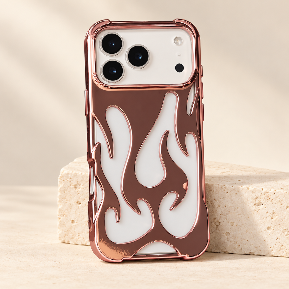 Flame Contrast iPhone Case in Metallic and Black Finishes — Rose Gold, hero