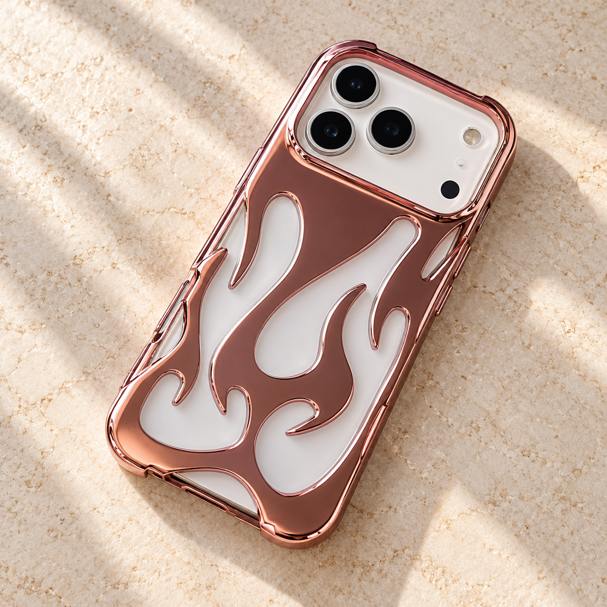 Flame Contrast iPhone Case in Metallic and Black Finishes — Rose Gold, tabletop