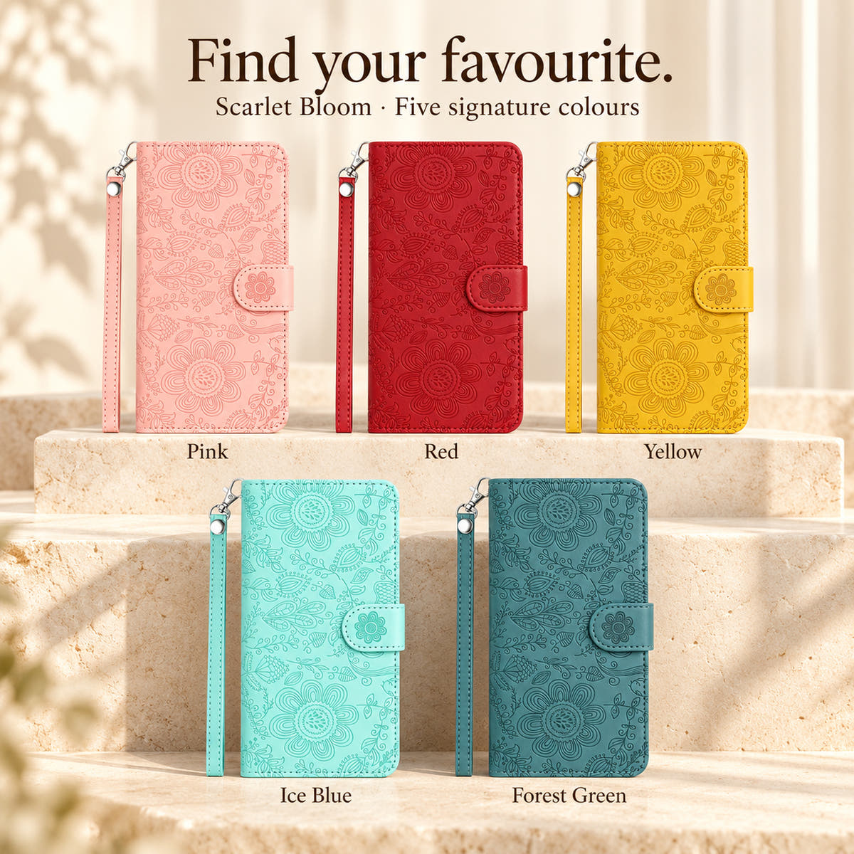 Scarlet Bloom floral wallet phone case colour guide showing Pink, Red, Yellow, Ice Blue and Forest Green with matching wrist straps.