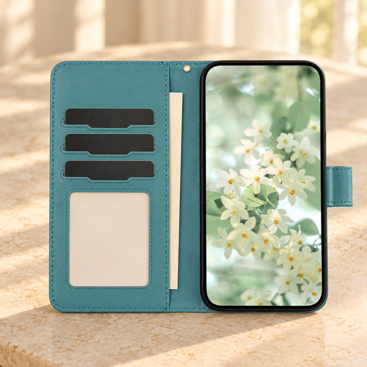 Open ScarletBloom Forest Green wallet phone case with three shaped card slots, rectangular photo window, notes pocket and matching interior.
