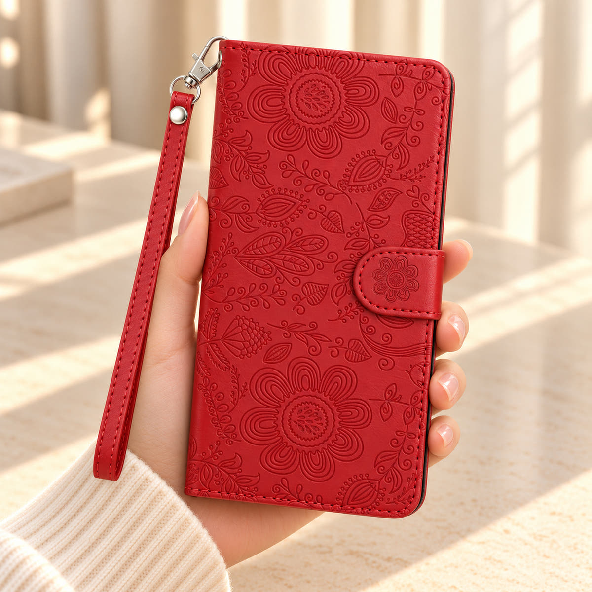 ScarletBloom Red wallet phone case held in a cream-sleeved hand, showing the floral and paisley embossed cover, flower-decorated tab and matching single-rivet wrist loop.