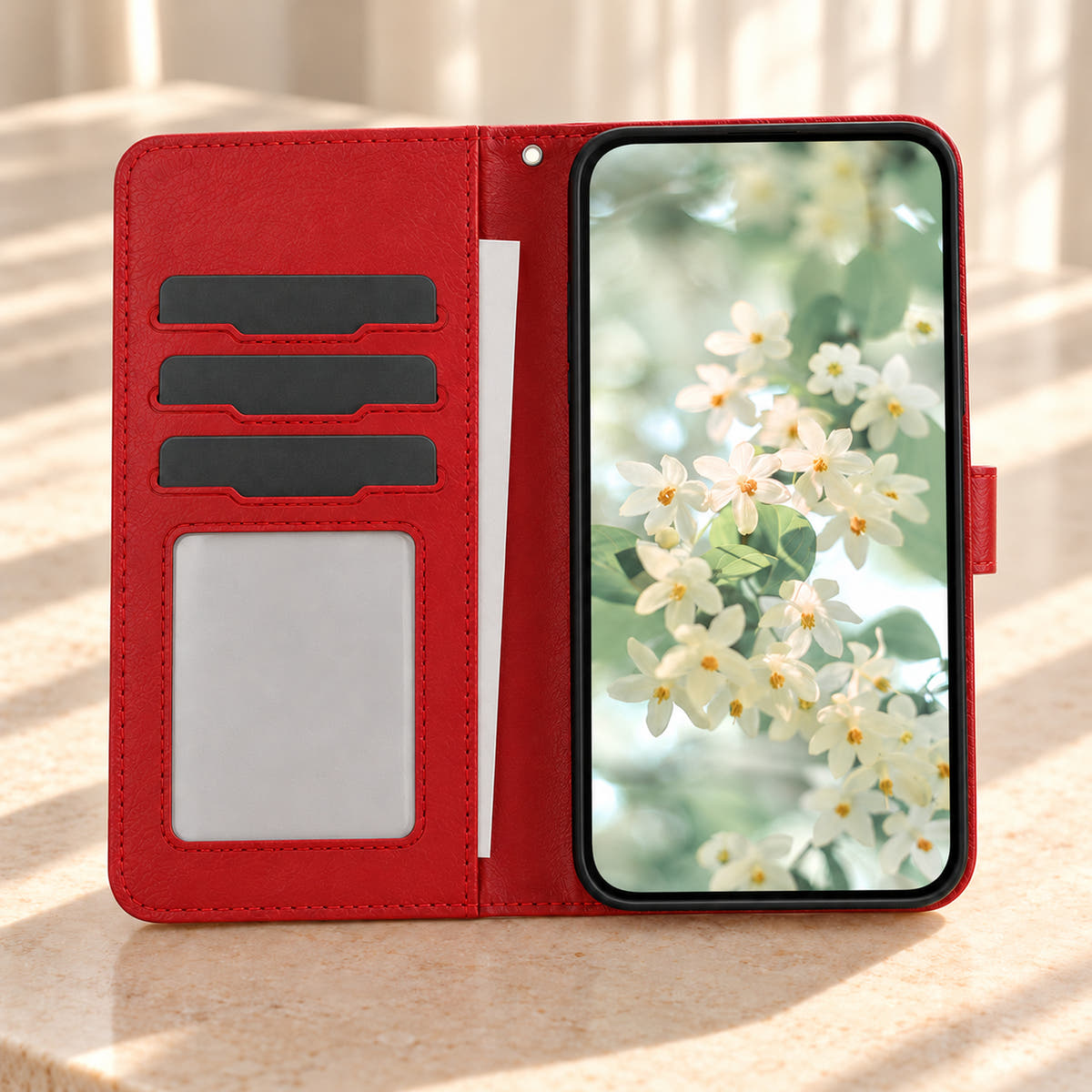 ScarletBloom Red wallet phone case opened to show three shaped card slots, a rectangular ID window and inner notes pocket.