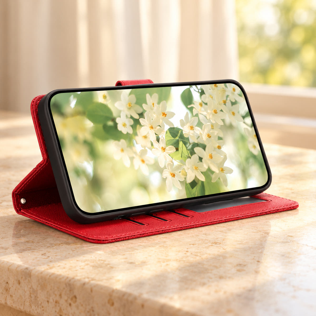ScarletBloom Red wallet phone case folded into a landscape viewing stand on a cream limestone tabletop.