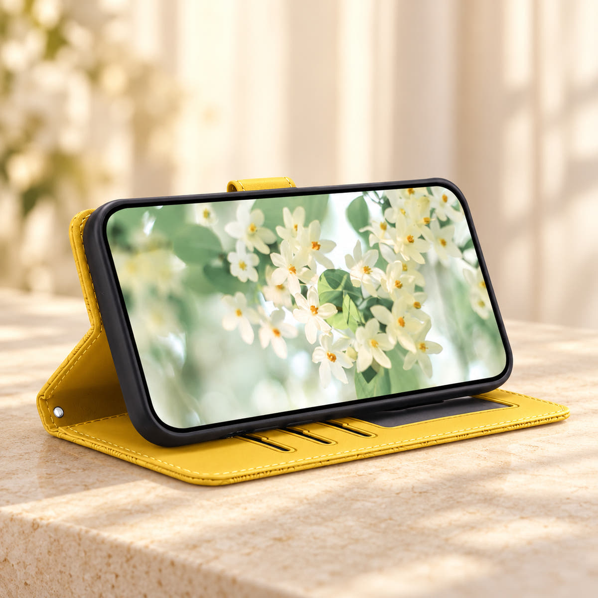 Yellow Scarlet Bloom wallet phone case folded into a landscape viewing stand on a cream tabletop, with the original card panel and black phone shell visible.