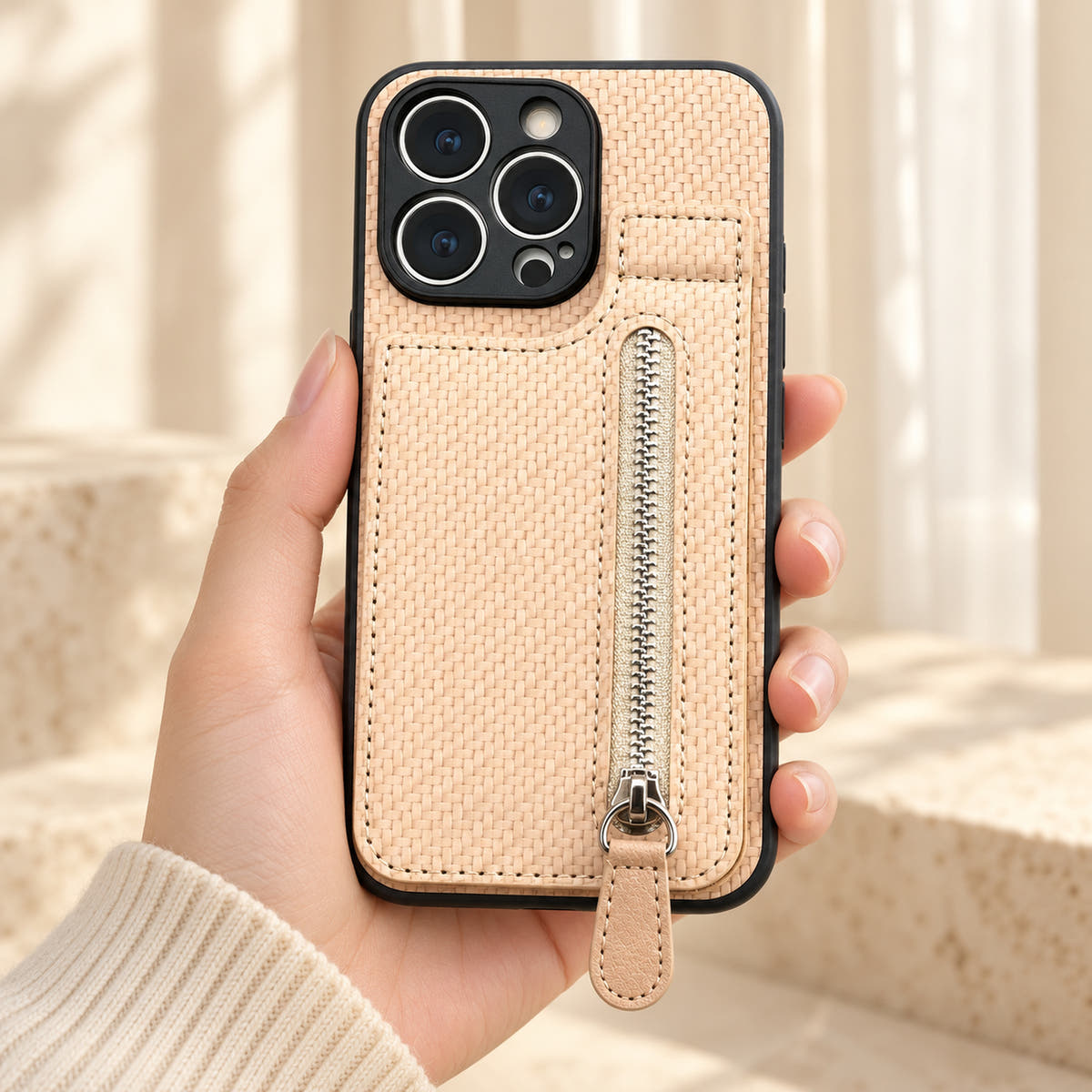Signature Beige iPhone wallet case held in a cream-sleeved hand, showing its textured rear panel and zip pocket.