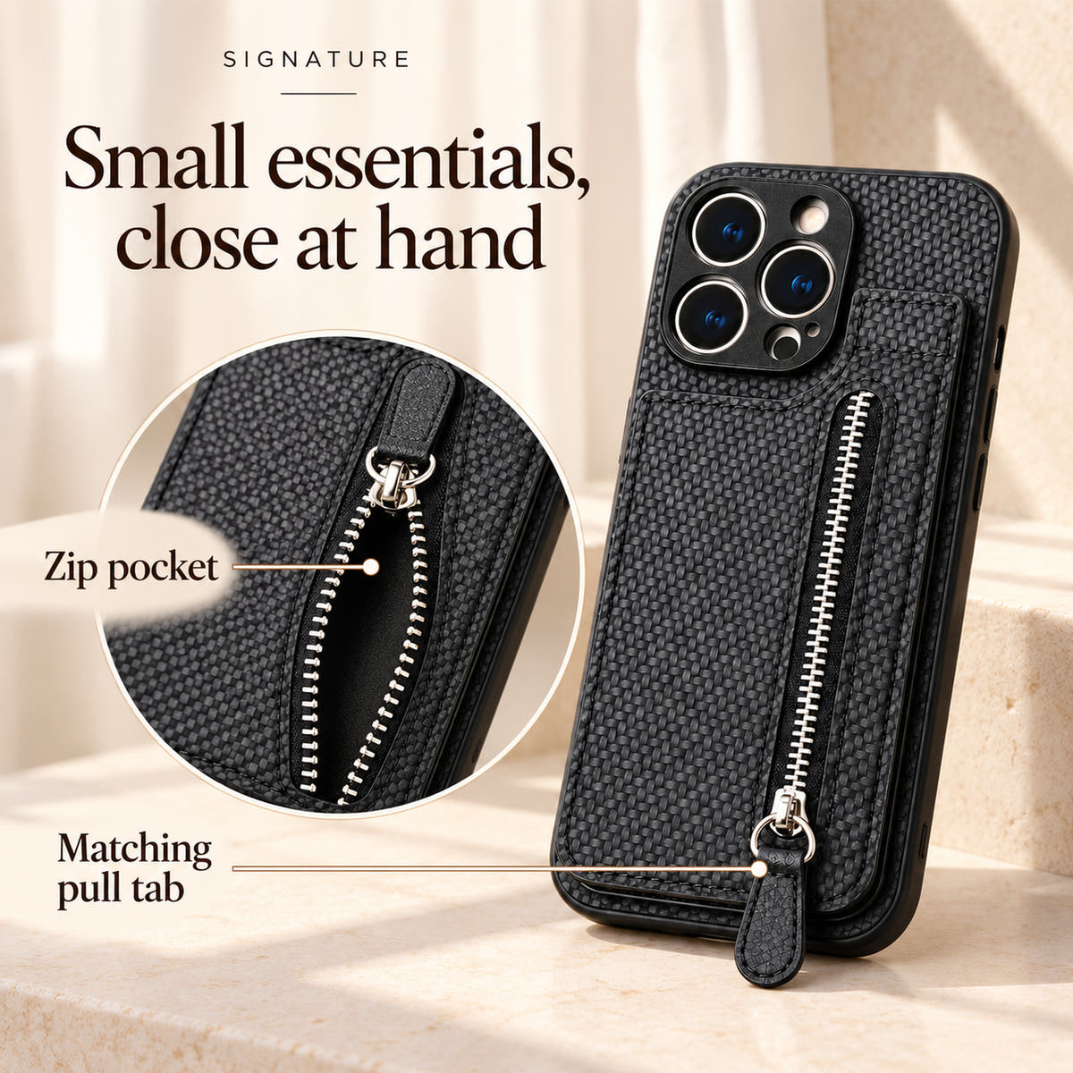 Signature feature image showing the rear zip pocket and its matching stitched pull tab.