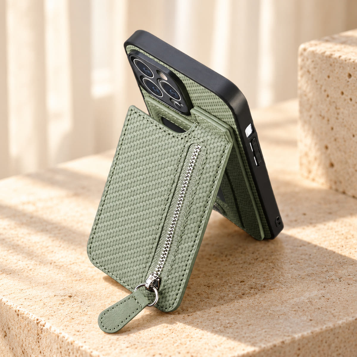Signature Green iPhone wallet case shown with its attached rear pocket panel folded outward.