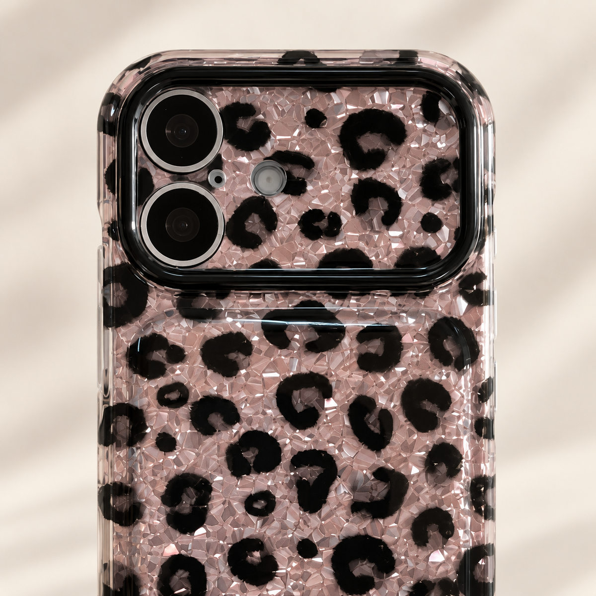 Glitter Leopard iPhone Case in Silver — decorated camera surround detail