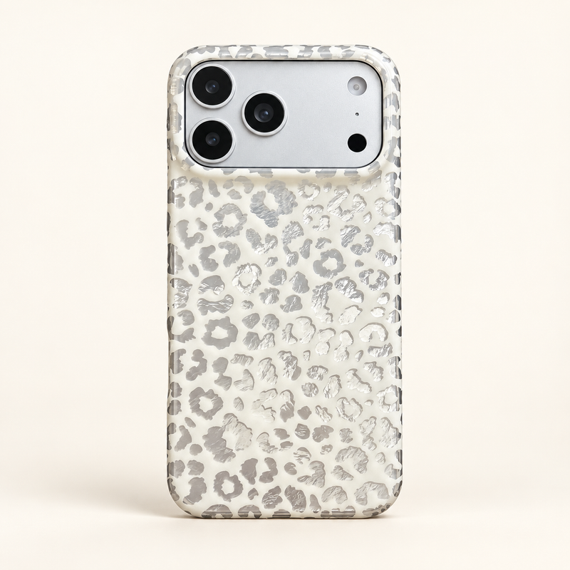 Silver leopard iPhone case in White — full rear studio view.