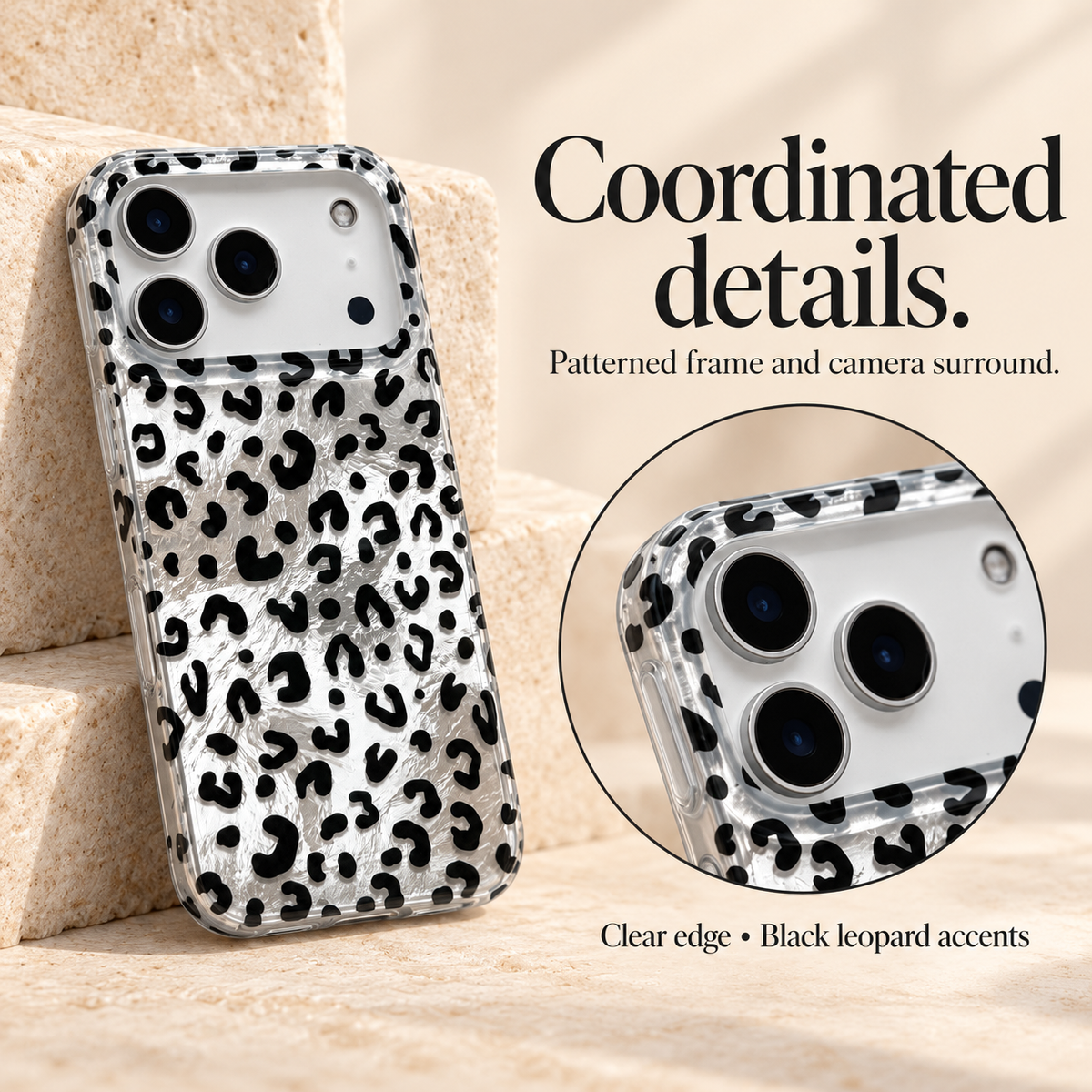 Black Silver Shimmer Leopard coordinated-detail panel with a full case and circular close-up of the patterned clear frame and camera surround.