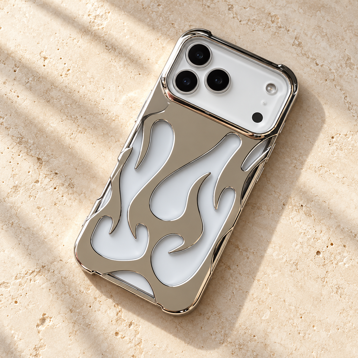 Flame Contrast iPhone Case in Metallic and Black Finishes — Silver, tabletop