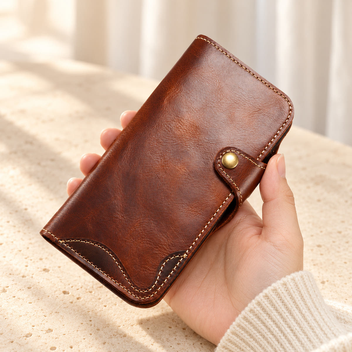 Brown stitched iPhone wallet case held in one hand, showing the button tab and curved contrast stitching