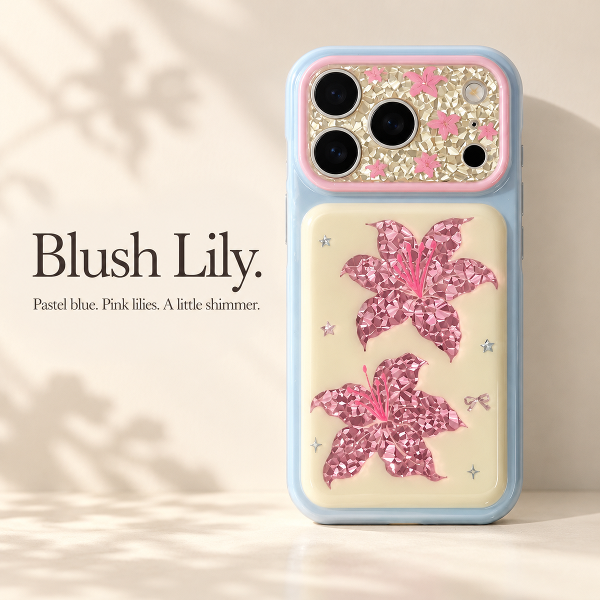 Blush Lily style guide with pastel blue frame and pink lilies