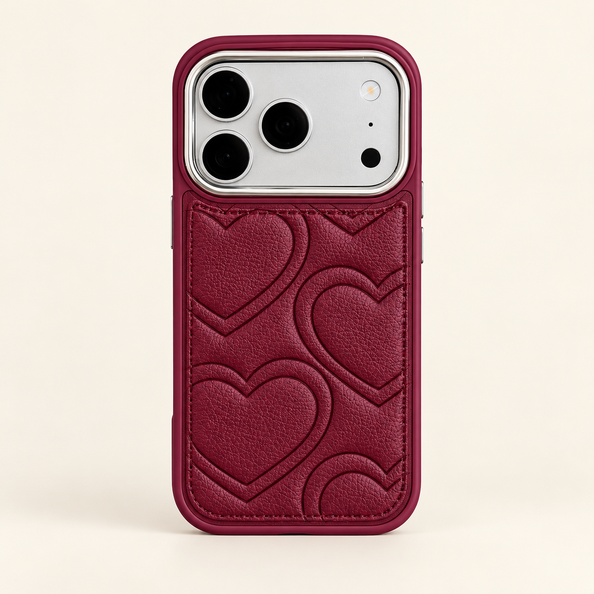 Textured heart iPhone case in Burgundy — full rear studio view.