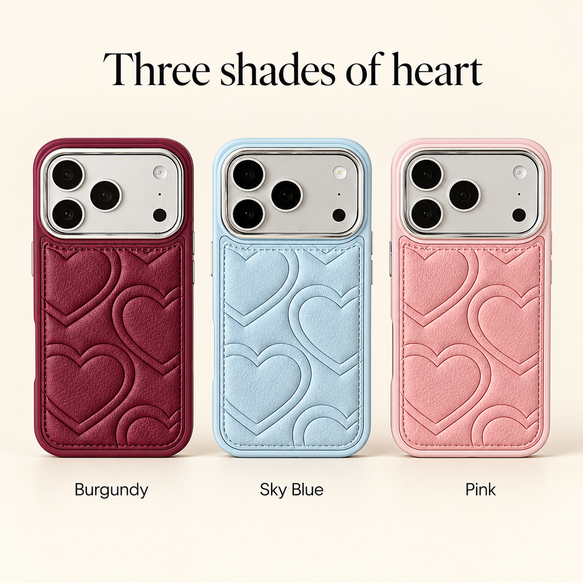 Colour guide showing Burgundy, Sky Blue and Pink textured heart iPhone cases.