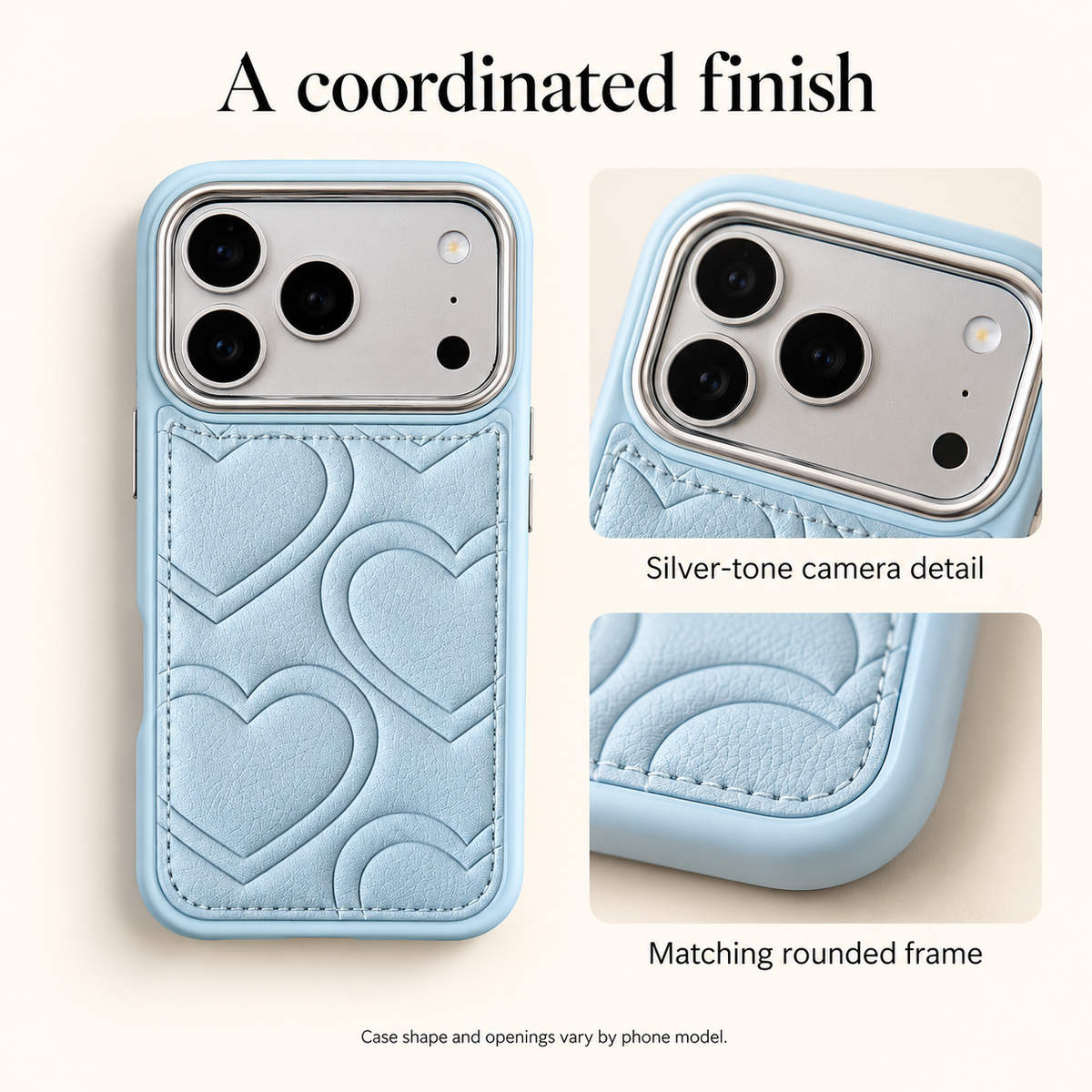 Sky Blue heart iPhone case with silver-tone camera detail and matching rounded frame.