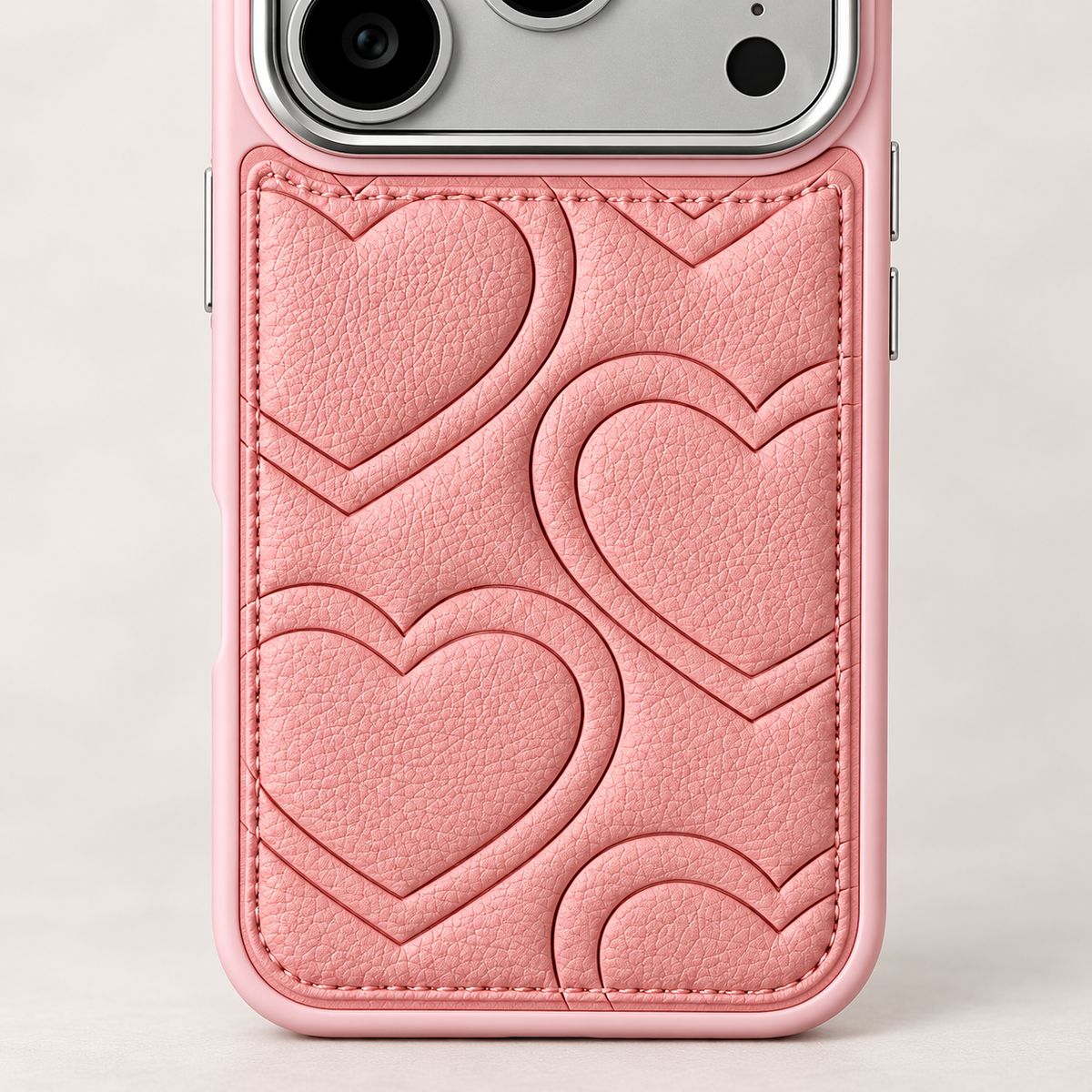 Textured heart iPhone case in Pink — heart pattern and stitched border close-up.