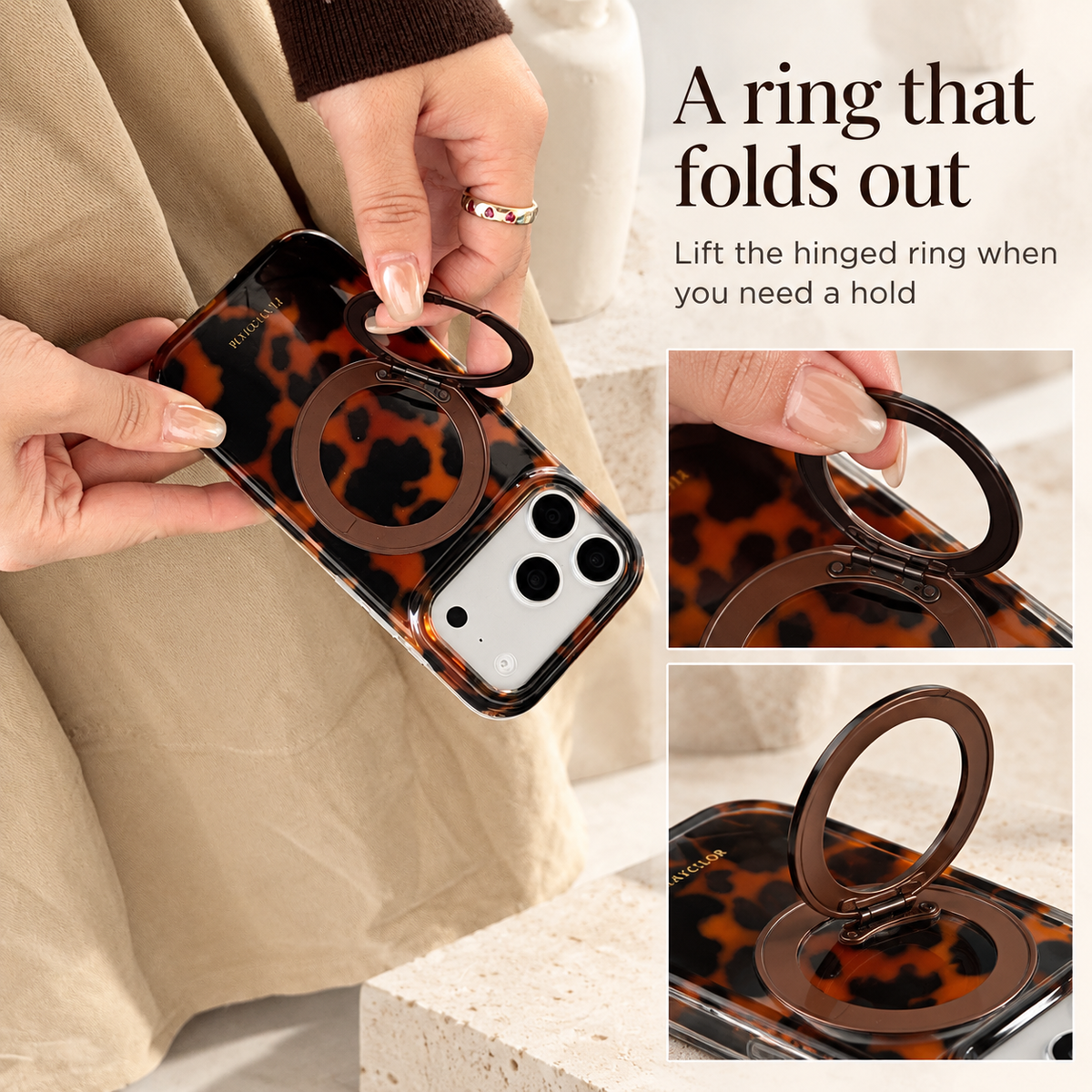 Information panel showing the hinged rear ring lifting from the Amber tortoiseshell case.