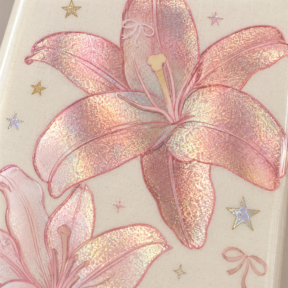 Upper pink lily detail with reflective petals and delicate stamens.