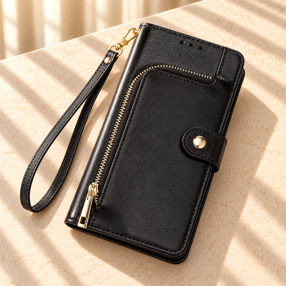 Valencia Luxe Black wallet phone case on a sunlit cream tabletop with its curved gold zip pocket and detachable wrist strap.