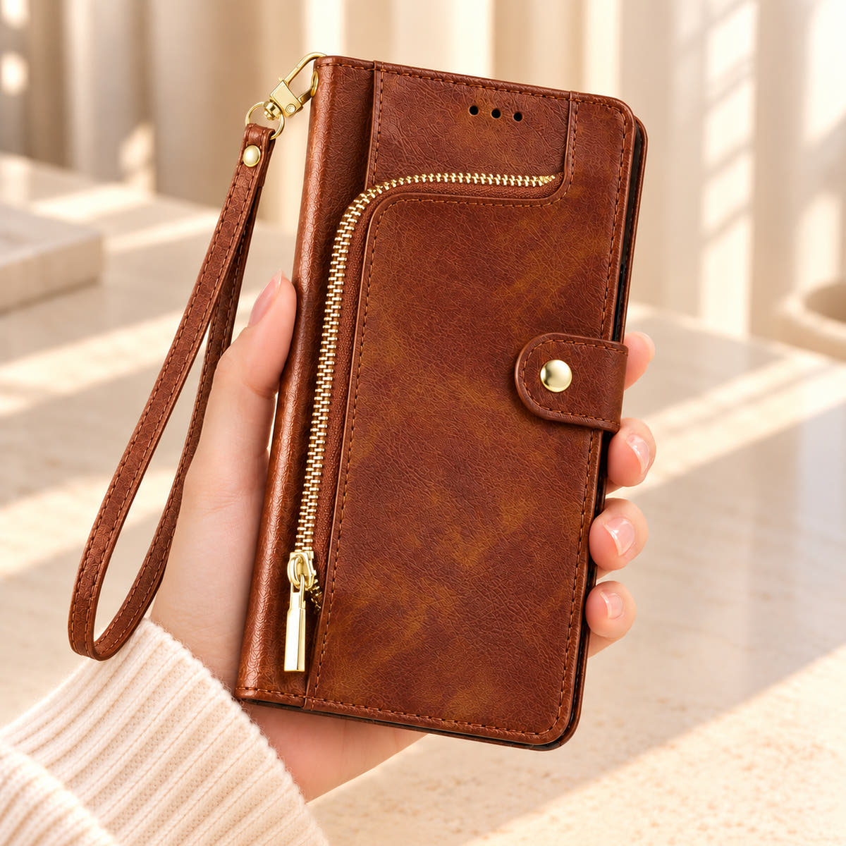 Handheld close-up of the Brown Valencia Luxe wallet phone case with curved gold zip pocket, round snap and matching wrist strap.