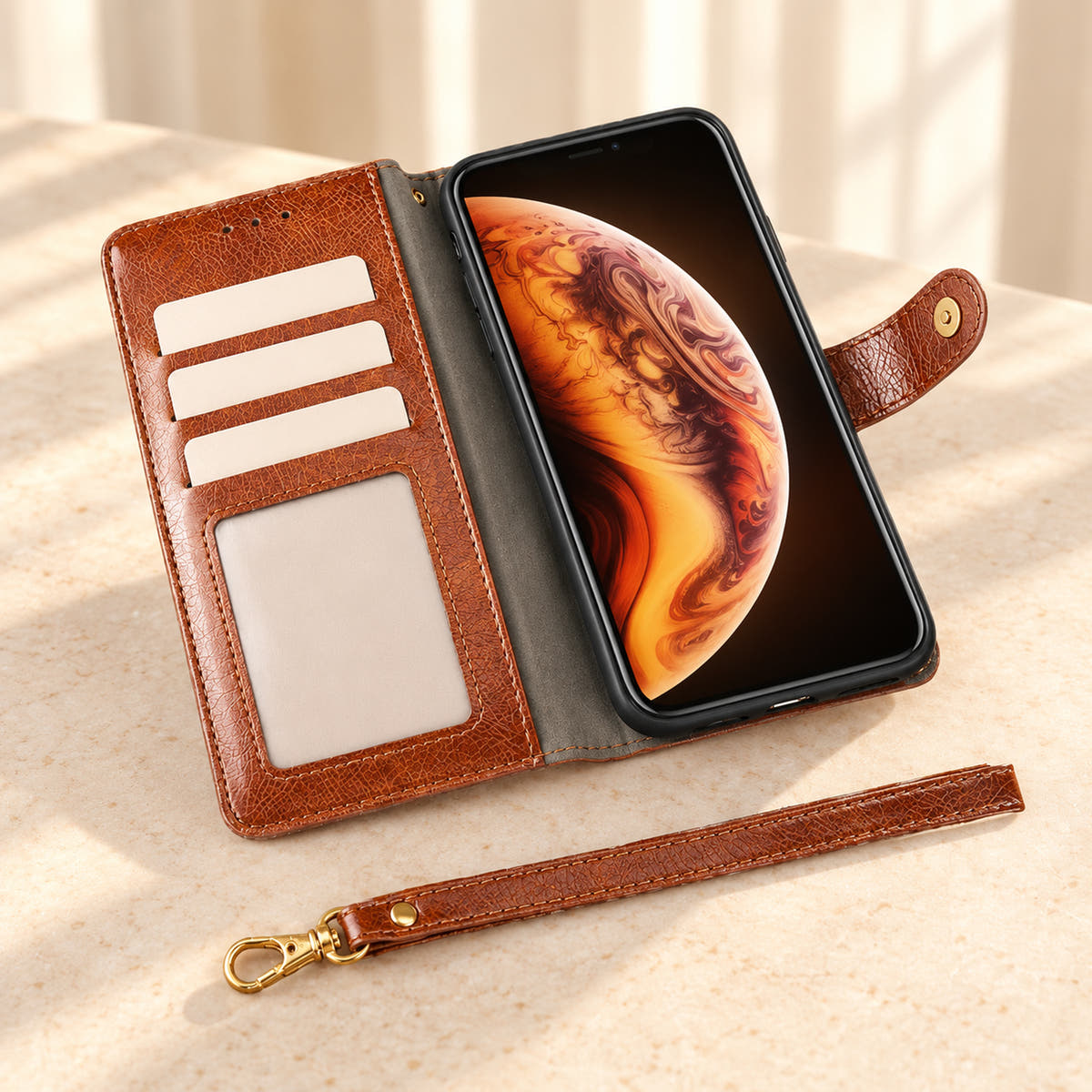 Open brown Valencia Luxe wallet phone case showing three card slots, clear window and detachable wrist strap