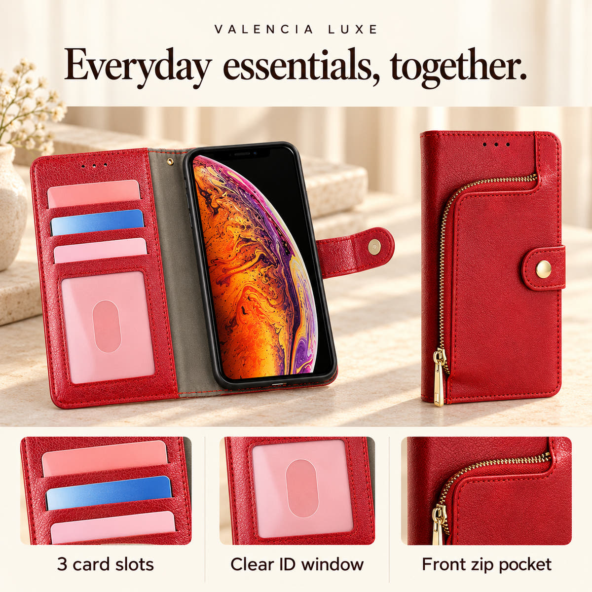 Valencia Luxe wallet case storage guide showing three card slots, a clear ID window and curved front zip pocket.