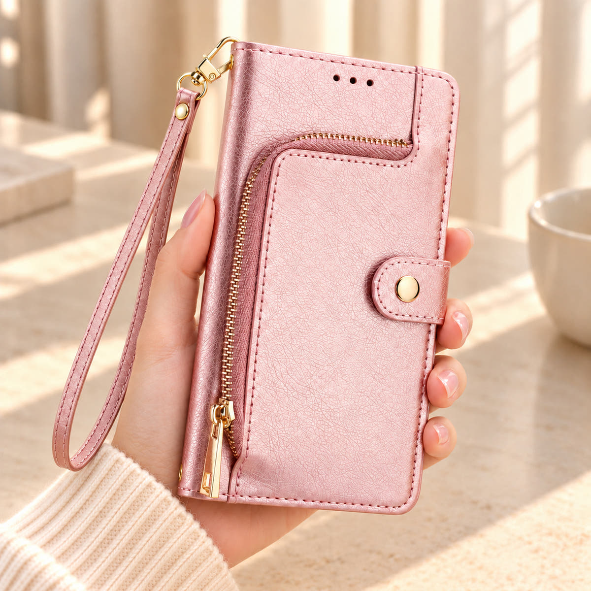 Valencia Luxe Pink wallet phone case held in one hand, showing the curved gold zip pocket, round snap and matching wrist strap.