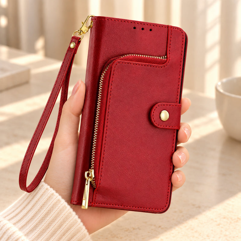 Valencia Luxe wallet phone case in Plum held in one hand, showing its curved gold zip pocket, round snap and matching wrist strap.