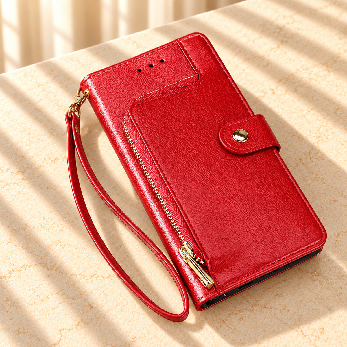 Valencia Luxe Plum wallet phone case styled diagonally on a sunlit cream stone tabletop with its matching wrist strap.