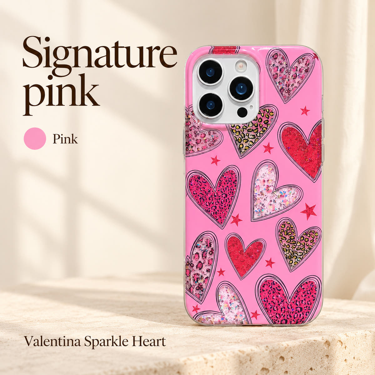 Valentina Sparkle Heart colour guide showing its Pink finish and complete glitter heart design.