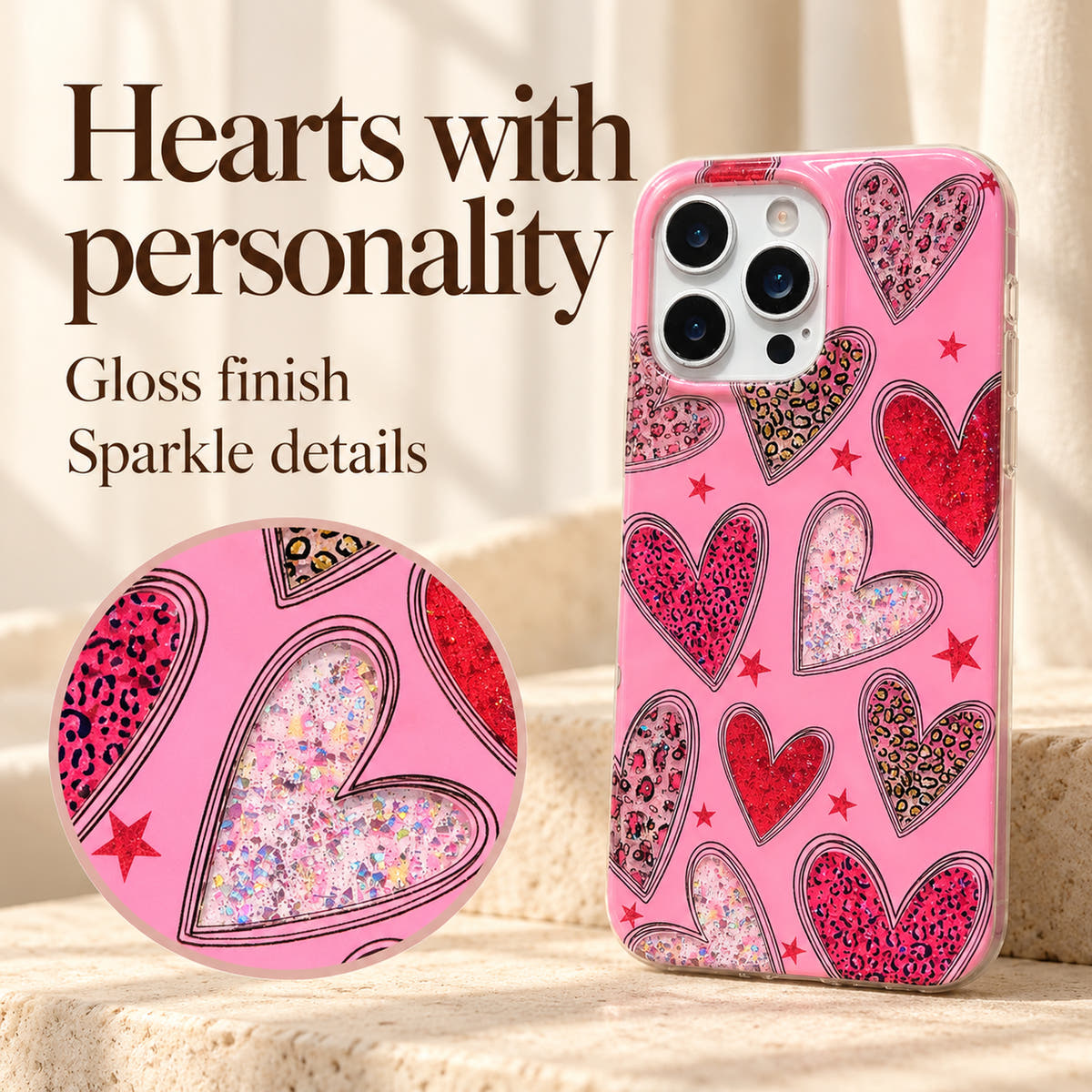 Valentina Sparkle Heart feature image highlighting the gloss finish and sparkle details in its heart pattern.