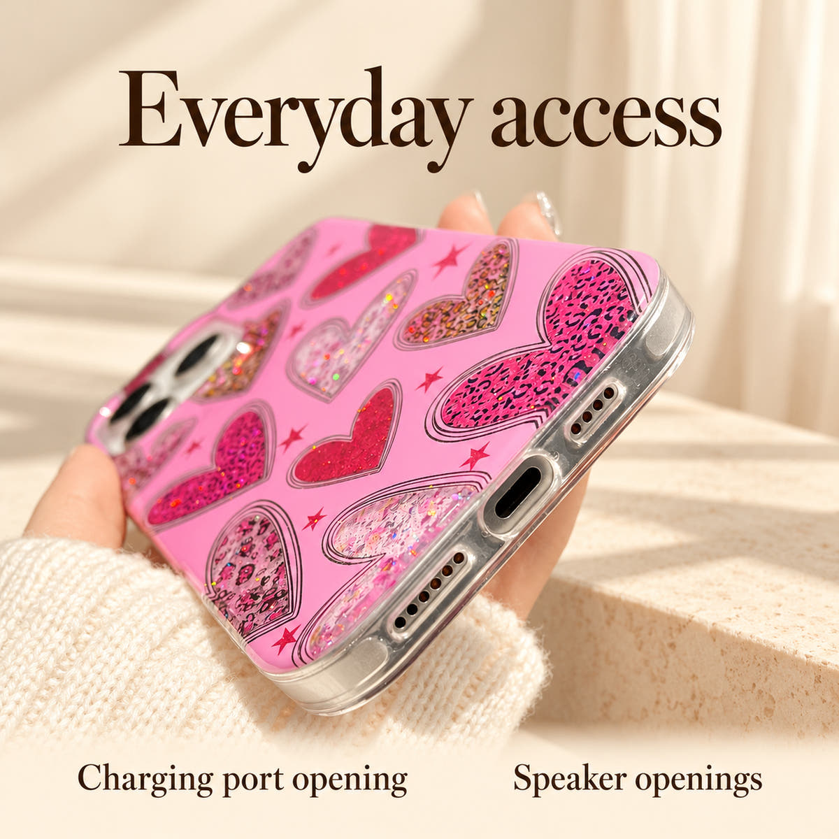 Valentina Sparkle Heart information image showing the charging-port opening and speaker openings in its clear bottom rim.