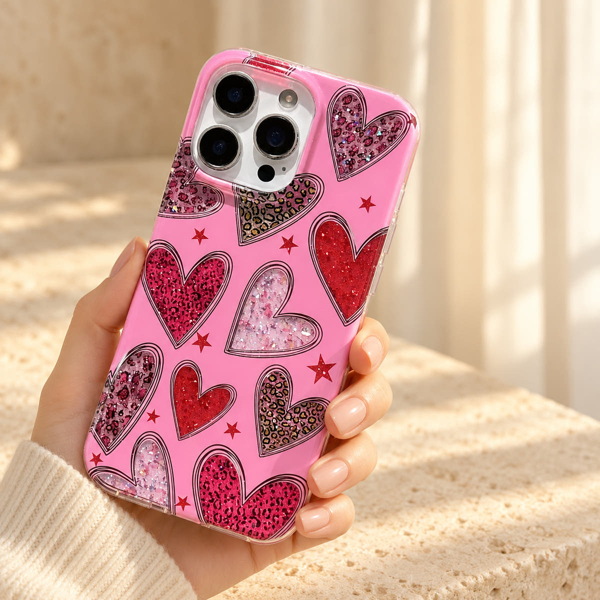 Three-quarter handheld view of the Valentina Sparkle Heart Pink phone case, showing its gloss finish and heart design.
