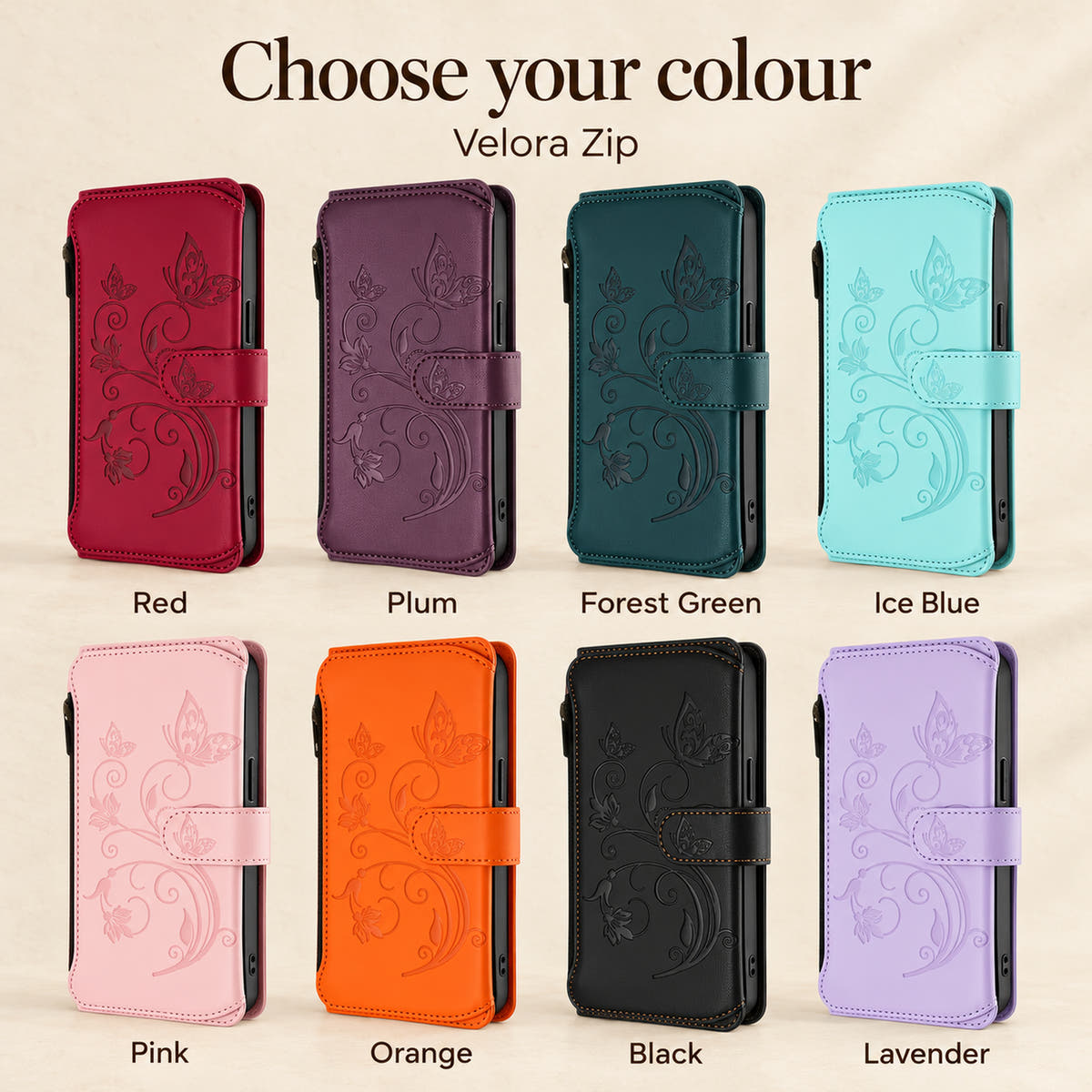 Velora Zip colour guide showing Red, Plum, Forest Green, Ice Blue, Pink, Orange, Black and Lavender.