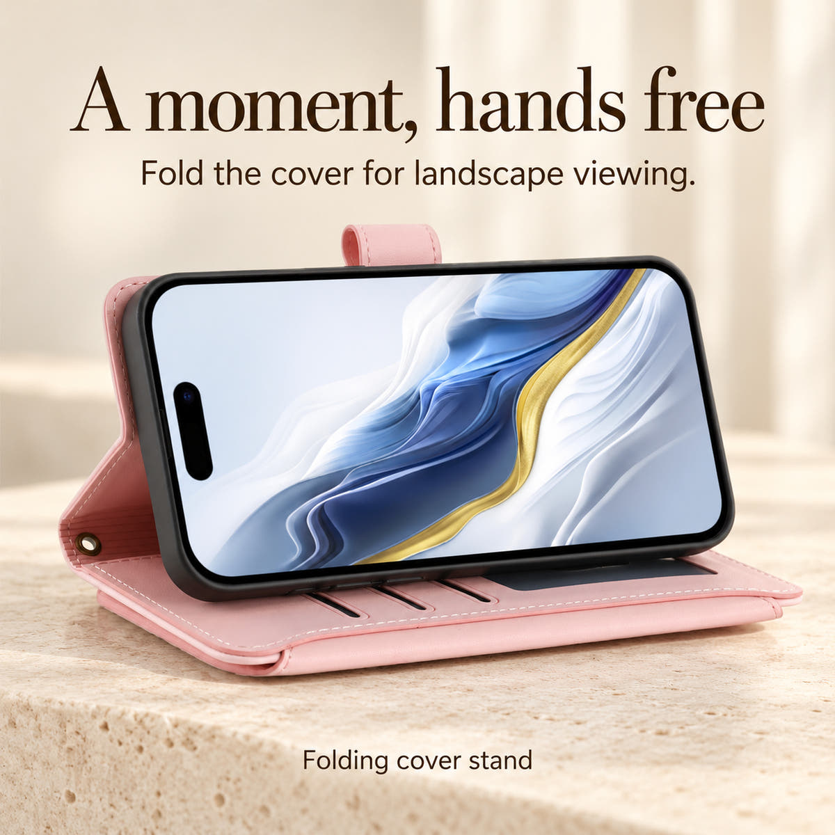 Velora Zip landscape viewing guide with the Pink wallet cover folded into its stand position.