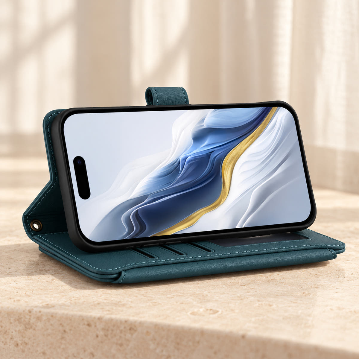 Velora Zip wallet case in Forest Green folded into a landscape viewing stand on cream limestone.