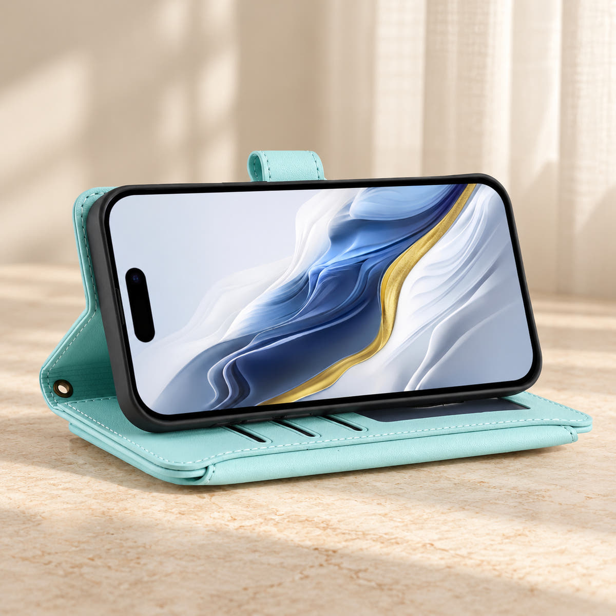 Velora Zip wallet case in Ice Blue folded into a landscape viewing stand on cream limestone.