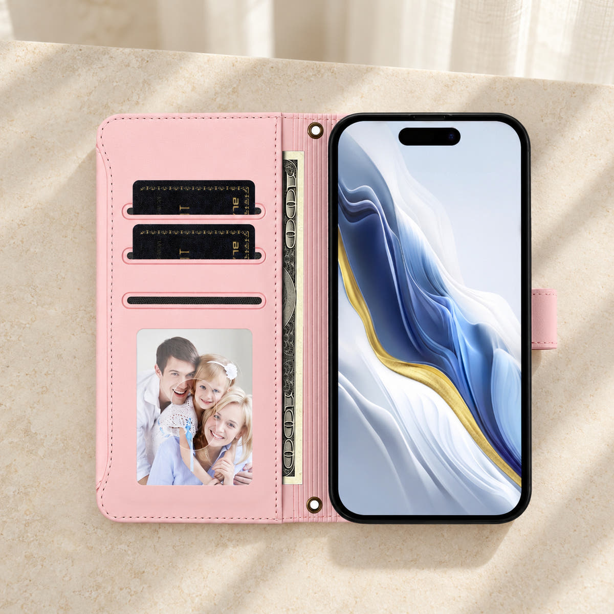 Open Velora Zip wallet case in Pink with three card slots, a photo window, notes sleeve and phone compartment.
